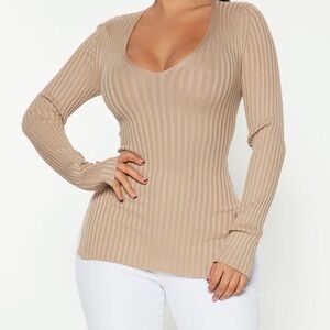 Fashion Nova Beige Ribbed Long Sleeve Sweater